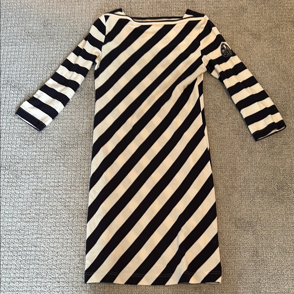Tory Burch Navy and White Sheath Dress Long Sleeve Square Neck